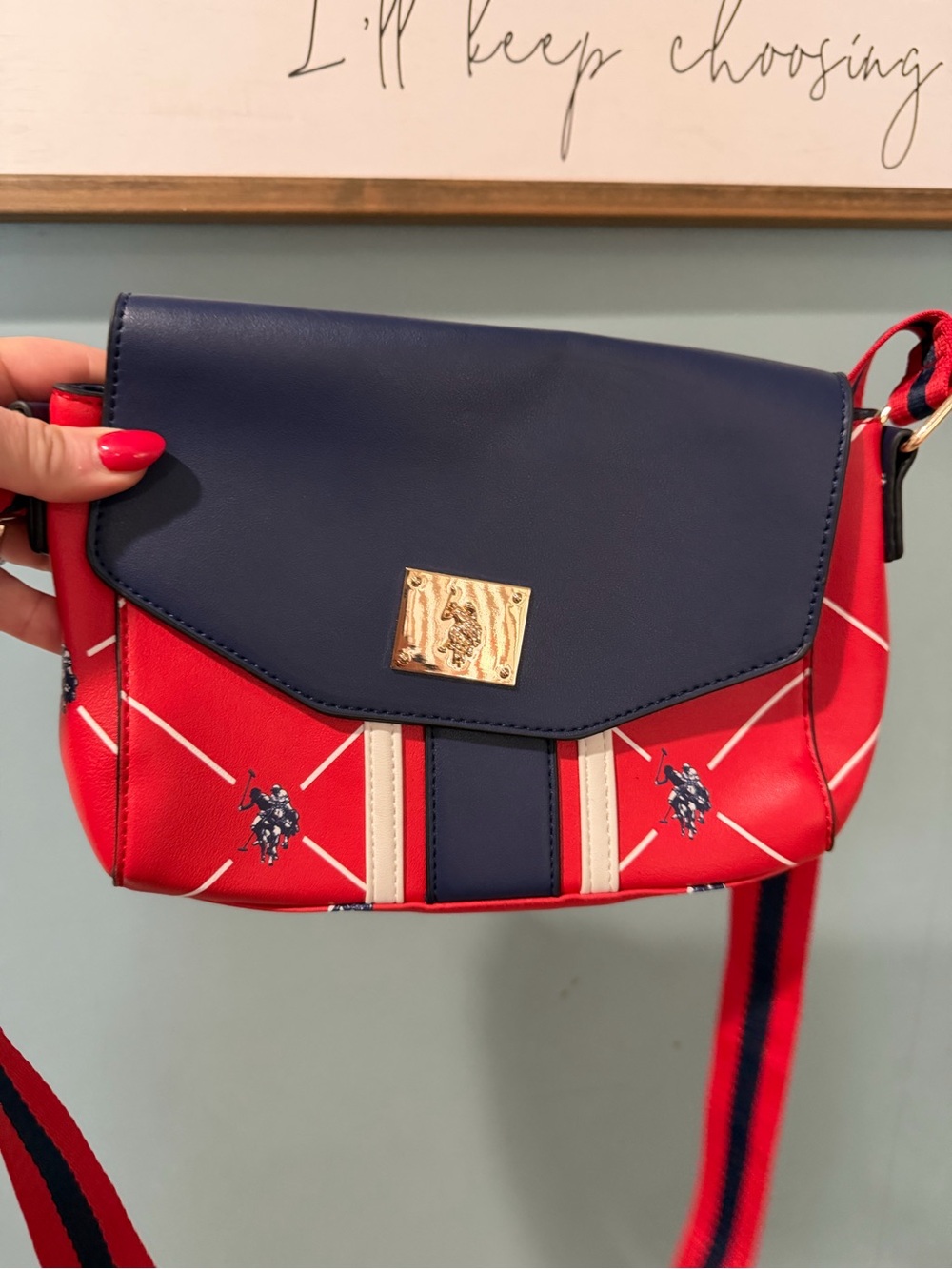 U.S. Polo Assn. Navy and Red Crossbody with Cream Stripes